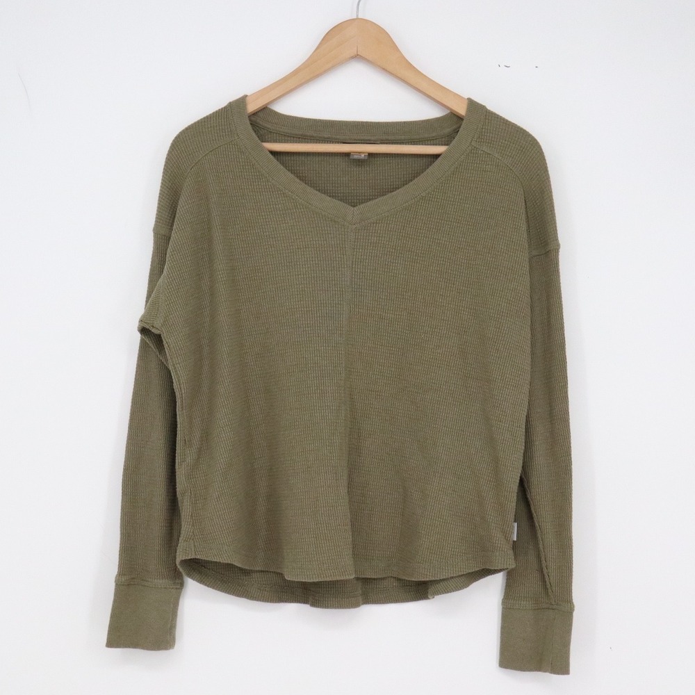 Eddie Bauer Top Womens M Waffle Knit Thermal Olive Green V-Neck Long Sleeve EX